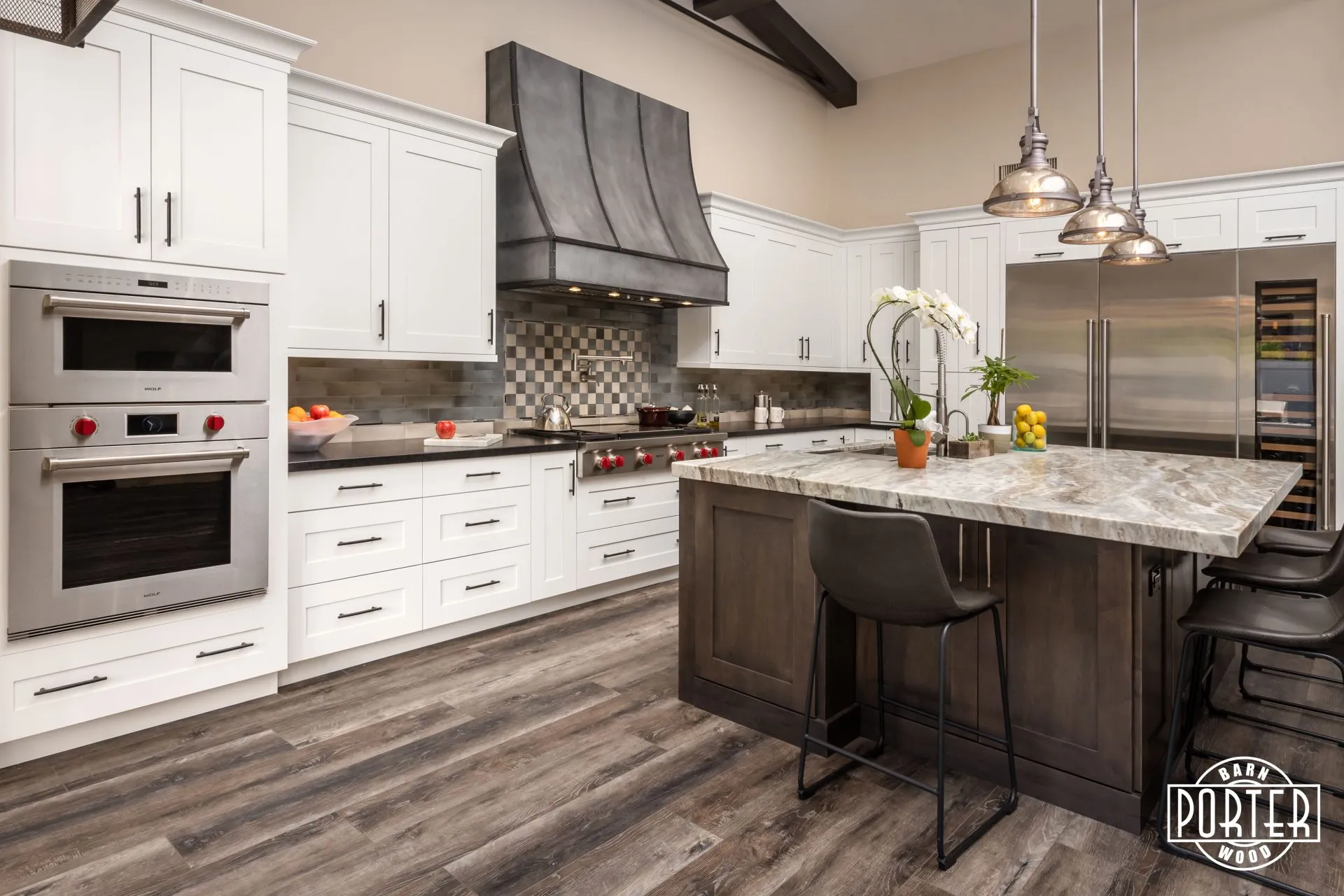 14858 rustic red kitchen hood open shelving
